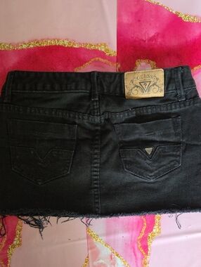 GUESS Black Denim Frayed Hem Mini Skirt